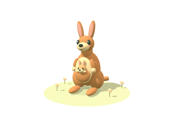 A 3D kangaroo with long ears and a pouch